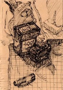 Artwork titled: 'desk with ink bottle'