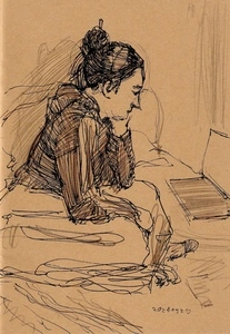 Artwork titled: 'on bed watching show'